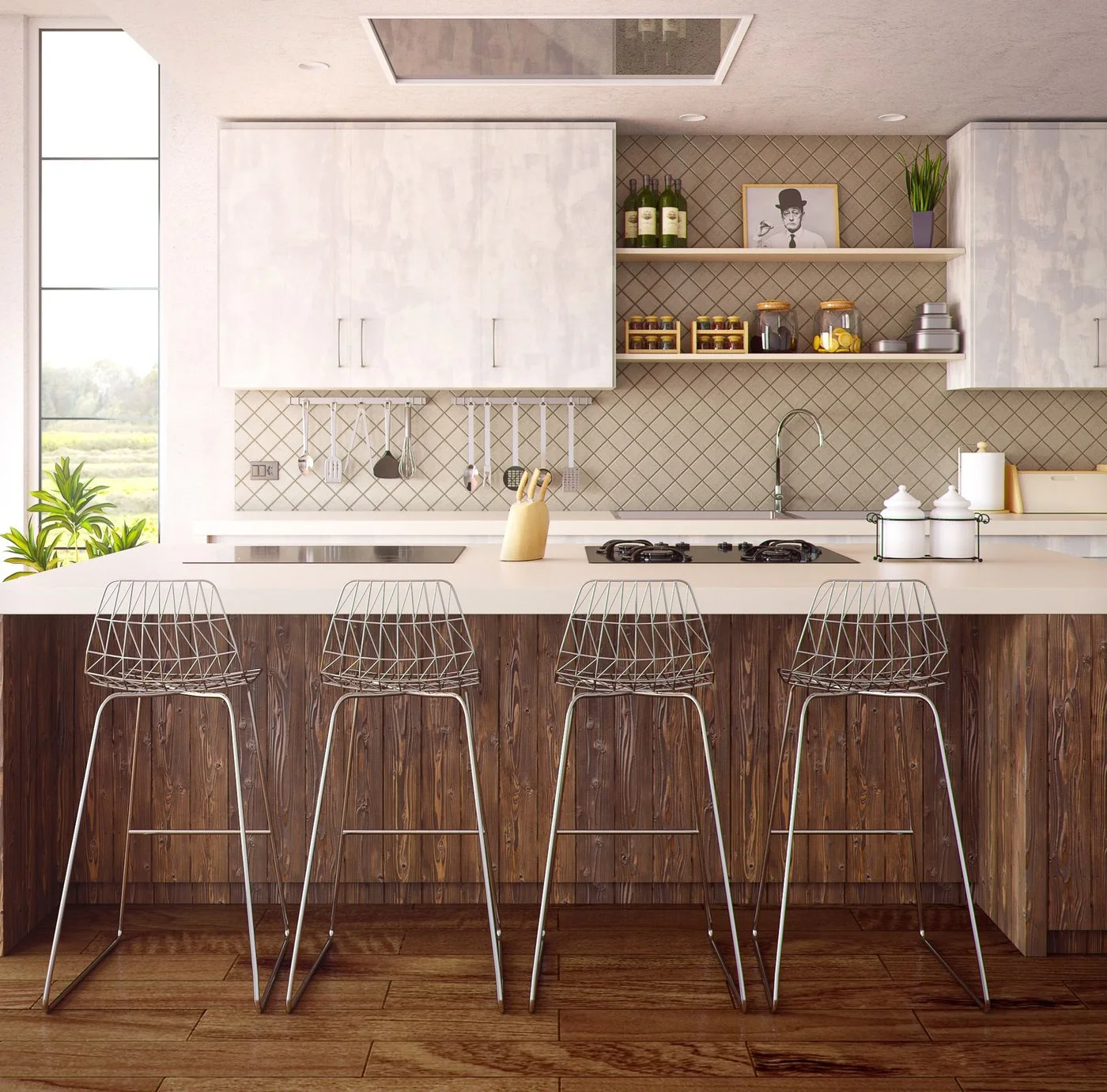 Kitchen with wooden cabinets, open storage and an island