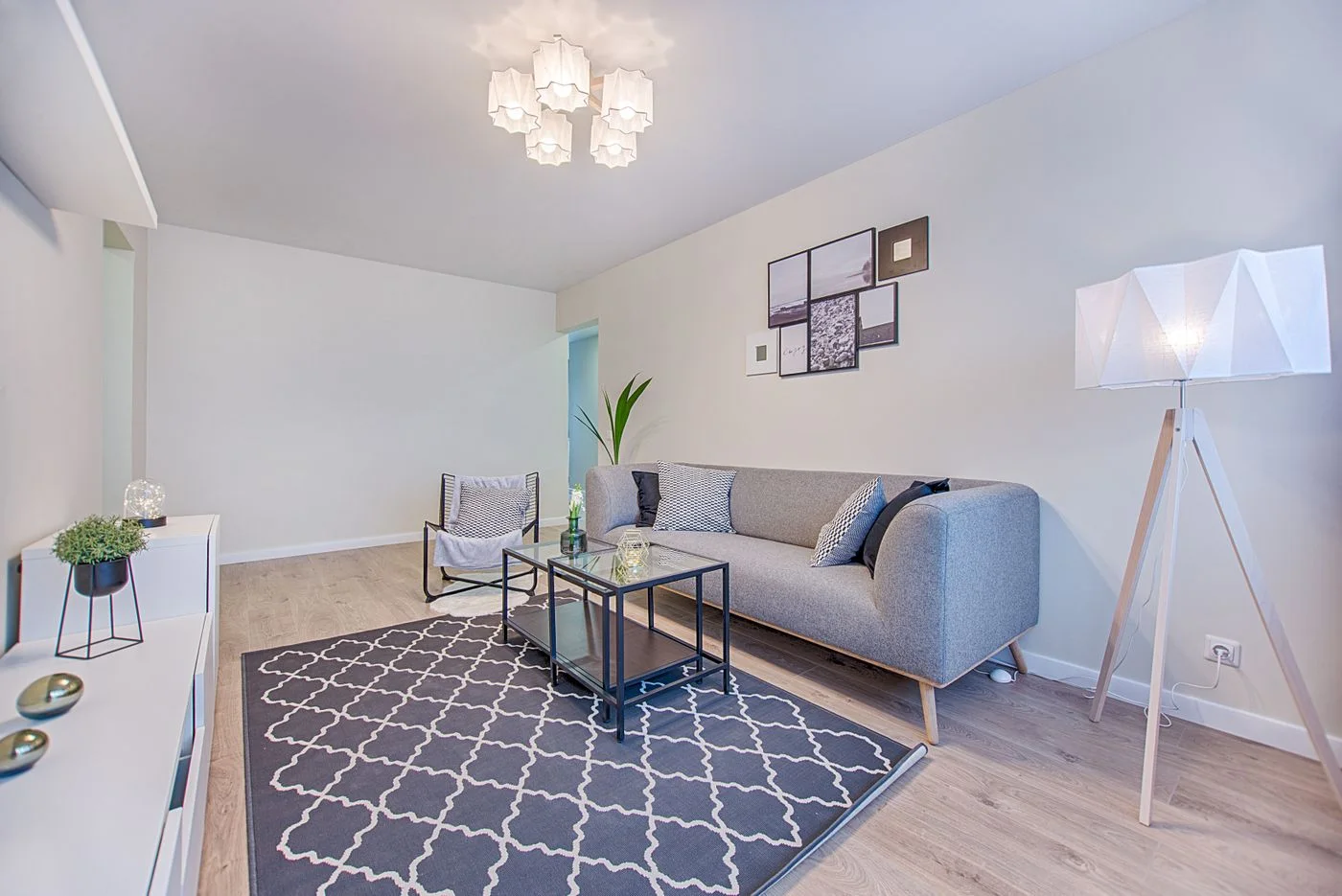 Furnished living room with lamps and comfortable seating